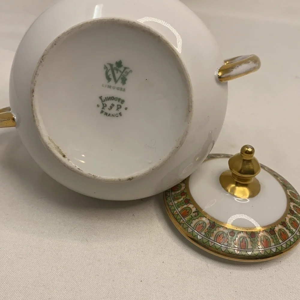 Limoges Sugar Bowl with Top Gold Green Orange